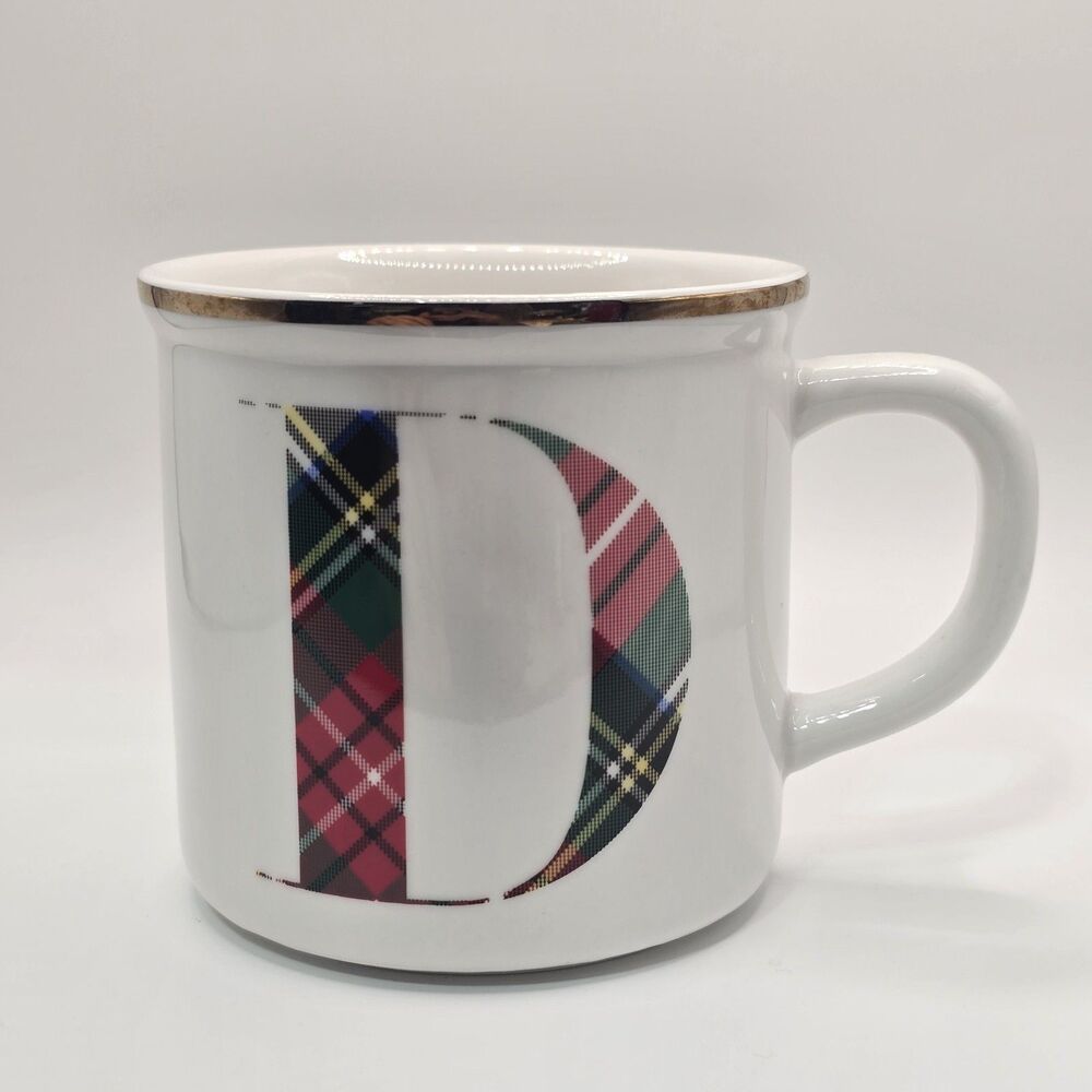 POTTERY BARN STEWART PLAID (D) INITIAL COFFEE MUG